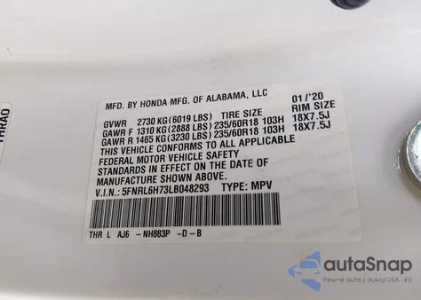 2020 Honda Odyssey Ex-L/Ex-L W/Navi Res from USA, damaged, VIN 5FNRL6H73LB048293